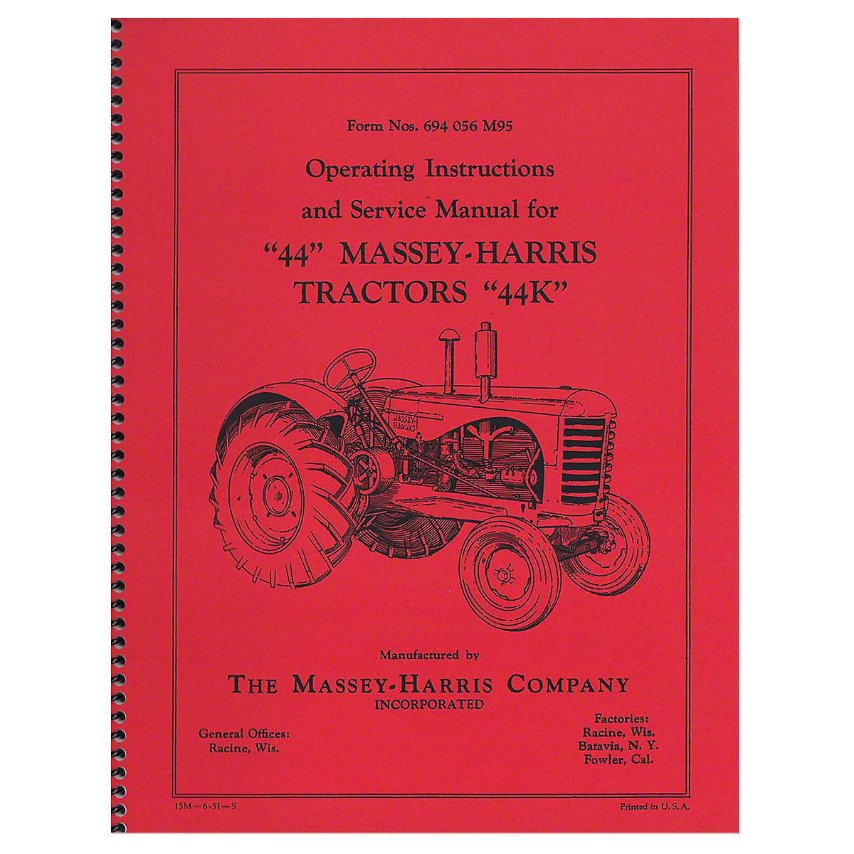 Operating Instruction & Service Manual For Massey Harris 44, 44K.